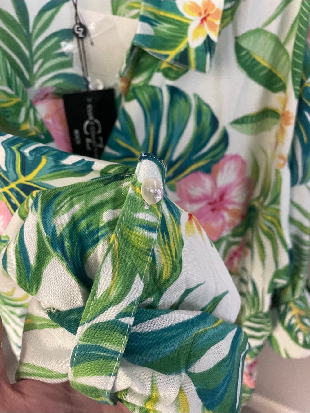 Tropical Floral Button-Front Swim Coverup - White with Pink & Green - Picture 7 of 8